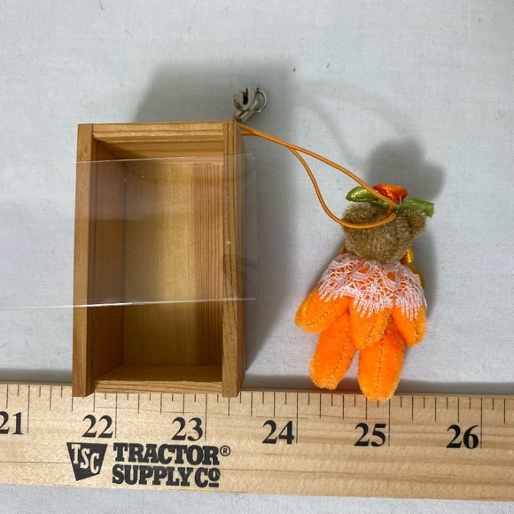Department 56 Miniature Orange Felt Bear Keychain in Wooden Box Jointed Arms - Picture 4 of 7
